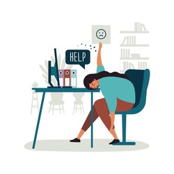 Flat vector illustrations Worker burnout. Emotional burnout. A tired worker is sitting at the table. Long working day in the office. Mental health problem. 
