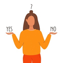 Vector illustration of a woman choosing from two options. Yes or no. The concept of difficulty in choosing an answer. Isolated flat design on a white background.