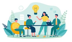Business team working together, brainstorming, discussing ideas for project. People meeting at desk in office. Vector illustration for co-working, teamwork, workspace concept