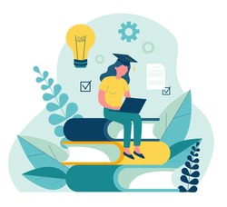 Student girl wearing graduation cap, studying with laptop. Young woman sitting on stack of books, getting knowledge online. Vector illustration for e-learning, internet course, school concept