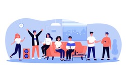 Friends enjoying student party in apartment. Crowd of cheerful young people dancing, chatting, drinking wine and having fun at home. Vector illustration for leisure, celebration, event concept