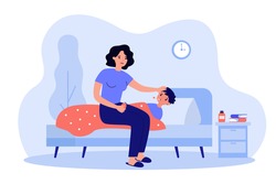 Sad mum sitting near sick kid flat vector illustration. Cartoon ill child lying in bed under blanket and suffering from flu or cold. Mother care and fever concept