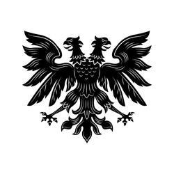 Severe double eagle vector illustration. Imperial heraldry, two headed hawk, open wings and beaks. Monarchy or nobility concept for royal insignia or heraldic badge templates