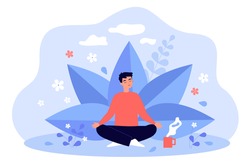 Young man with cup of tea meditating among plants and flowers. Colorful vector flat illustration. Healthy lifestyle, holistic mental therapy, wellness and self care concept