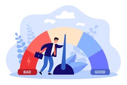 Male businessman with credit score scale. Young man changing personal financial account information from poor to good. Financial growth, career. Business reputation flat vector colorful illustration