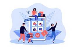 Tiny customers buying goods in online store using giant tablet. Vector illustration. Group of shopaholic buyers with carts and shopping bags. Sale, online purchase, retail shop, Internet concept