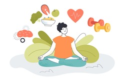 Young man with good mental and body health. Happy cartoon person meditating flat vector illustration. Holistic mental therapy, healthy lifestyle concept for banner, website design or landing web page