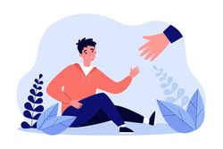 Huge hand offering help to boy sitting on ground. Fallen male character reaching for help flat vector illustration. Assistance, community, friendship concept for banner, website design or landing page
