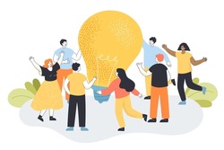Group of tiny people standing around lightbulb at office meeting. Work community creating new idea or finding solution to problem flat vector illustration. Team brainstorming, business idea concept