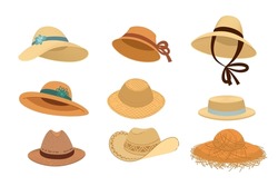 Woven straw hats vector illustrations set. Different designs of yellow hats with wide brims, clothes for farmers isolated on white background. Fashion, summer, agriculture or farming concept