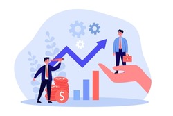 Help from leader to businessman in business development. Tiny man with telescope standing near growing graph flat vector illustration. Strategy concept for banner, website design or landing web page