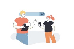 People using web search bar in browser. Tiny man and woman finding answer to question flat vector illustration. Information service, analysis concept for banner, website design or landing web page