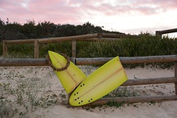 Broken yellow surf board with reed wreath around it tied to a wooden fench on the edge of the beach and the dunes at sunset