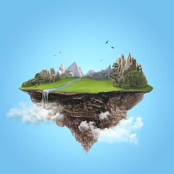 Isolated green island with mountain and waterfall flying high in the blue sky