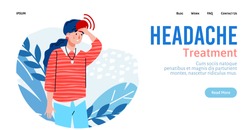 Headache treatment medical website with woman suffering from head pain or migraine, cartoon vector illustration. Health and treatment of cerebrovascular disease.