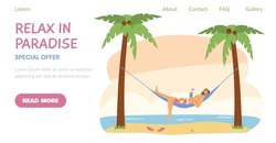 Man in hammock relax on the ocean beach vacation vector illustration. Relax in paradise, male in swim-trunks swings in hammock stretched between coconut palm trees and drinks cocktail. Hammock napping