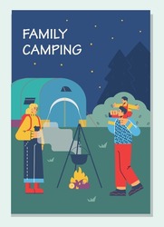 Family camping banner or poster layout, flat cartoon vector illustration. Advertisement of family summer vacation in nature and accommodation at campsite.