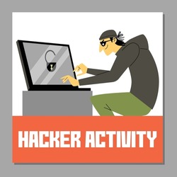 Hacker activity banner with hacker cracked password and scammed into pc, flat vector illustration. Hacker crime attack and unauthorized access to user data.