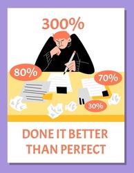 Poster or vertical banner about perfectionism flat style, vector illustration isolated on purple background. Dissatisfied man trying to complete task for three hundred percent
