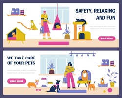 Hotel for pets advertising flyers and leaflets set, flat vector illustration. Domestic animals hotel, pets housing and accommodation service banners collection.