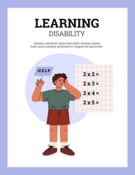 Difficulties learning and dyslexia concept cartoon poster. Young boy difficulty in counting. Disappointed pupil needs help calculating math examples vector illustration