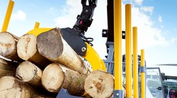 Loading timber onto a tractor. Logging and transportation of pilings. Close up on a grab of wooden logs
