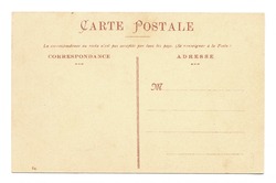 An old postcard from the early 20th century (1910), without handwriting or stamp. With art nouveau letters, printed in red, on a beige background.