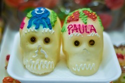 Set of sugar skulls in the market. Day of the Dead concept. Día de Muertos, Calaveritas de Azúcar.