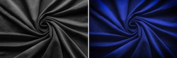 Top view of circular spiral fabric, black and blue cotton fabric, blue and black cloth background, Spiral swirl fabric, swirl cloth, Twisted background, twisted cloth, 