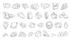 Collection of monochrome illustrations of precious and ordinary stones in sketch style. Hand drawings in art ink style. Black and white graphics.