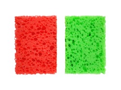 Red and green rectangular porous washing sponges isolated on a white background