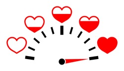 Meter of love with hearts. Valentine day. Test with full indicator of level passion. Speedometer with measure feelings and romance. Power of good healthy. Medical score with infographic. Vector.
