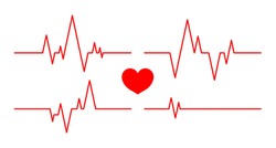 Heartbeat line. Pulse and cardiogram on monitor. Icons of heart beat. Ecg on graph. Electrocardiogram with healthy rhythm, cardio attack, ischemia, infarction and death. Symbol for cardiac. Vector.