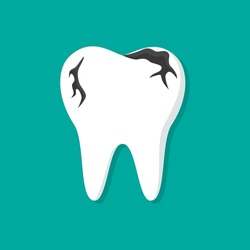 Tooth decay. Caries and disease of tooth. Icon of broken teeth. Flat illustration for care and healthy of teeth and cavity. Ache in bad mouth. Concept of toothache for protection and hygiene. Vector.