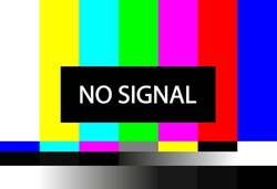 TV signal error. Color pattern on screen of tv. Technical error and end of television broadcast or film. Retro background for broken communication. Test of signal. Calibration channel. Vector.