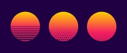 Retro sunset of 80s or 90s. Background of sun for cyberpunk, disco of 80 s and sunrise in miami. Set of neon gradient graphic for summer logo. Futuristic icons for flyer, music and shirt. Vector.