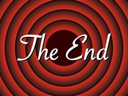 End movie. End film. Cinema background. Retro hollywood poster. Old screen of show. Vintage studio, theater and picture. Red circles of background for entertainment. Vector.