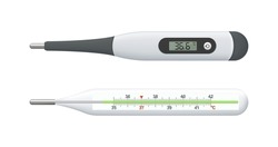 Medical thermometer. Digital and mercury meter. Realistic electronic thermometer for fever. Scale temperature celsius for measurement of body with degree. Tool for healthcare. Vector.