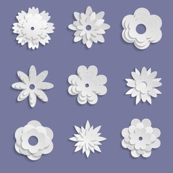 Paper origami flowers on violet  background