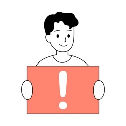 Vector of a cute boy is holding a red signboard with an exclamation mark, flat illustration style on white background, isolated monochrome color, general warning sign, beware danger