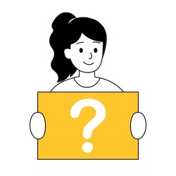 Vector of a cute girl is holding a yellow signboard with a question mark, flat illustration style on white background, isolated monochrome color, work questions, hypotheses and assumptions