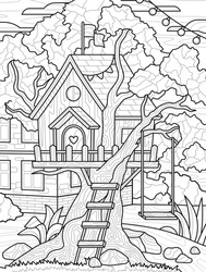 Design for coloring book. Tree house in backyard for young children. Entertainment and antistress for adults and kids. Black and white template. Cartoon flat vector illustration in Zen tangle style
