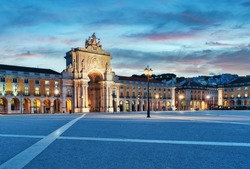 View of the Commerce Square in Lisbon at blue hour - Praça do Comercio at sunrise in Portugal