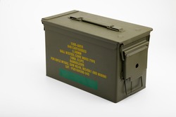 Green metal ammunition bullets box on white background 