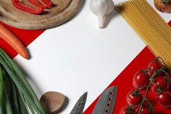 Peru flag on fresh vegetables and knife concept wooden table. Cooking concept with preparing background theme.