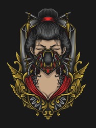 artwork illustration and t shirt design geisha gas mask engraving ornament
