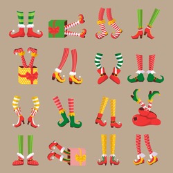 Christmas elf feet. Shoes for the feet of elves, the leg of the gnome's helpers of Santa Claus in a set of pants. Shoes, funny striped socks and boots. Vector illustration