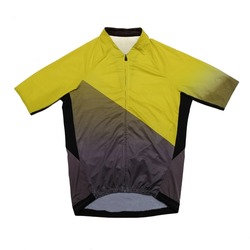 gray and yellow short sleeved cycling jersey on white background
