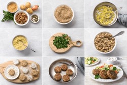 Cooking instructions for vegan nut patties, collage, step by step, ingredients, cooking steps, final dish