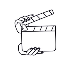 Doodle clapperboard open in the hands of the outline. Hand-drawn vector illustration of movie clapperboard isolated on white background. Cartoon cinematography tool black on white.